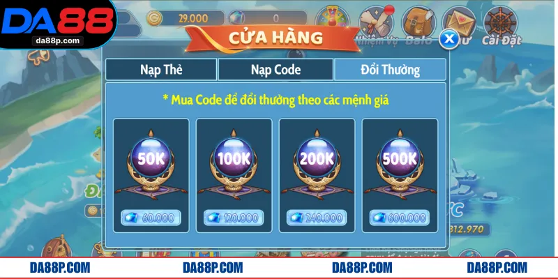Bắn cá DA88 cung cấp tính năng đổi thưởng trực tiếp