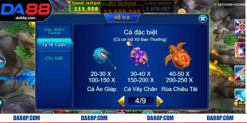 Một vài mức thưởng tiêu biểu của các sinh vật biển trong game
